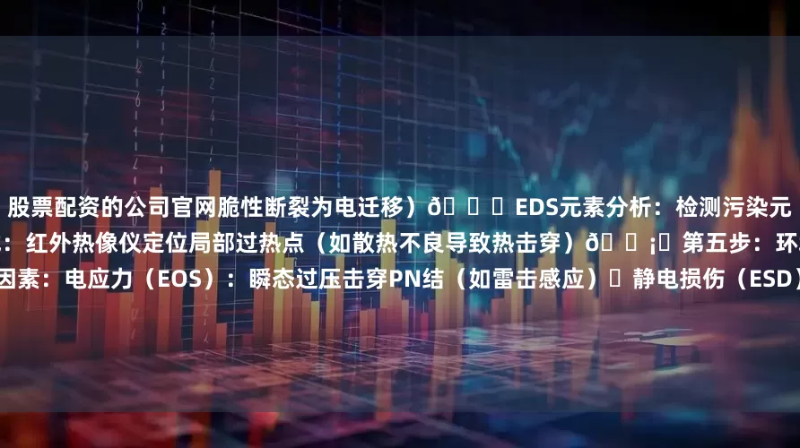 股票配资的公司官网脆性断裂为电迁移）🔍EDS元素分析：检测污染元素（如Cl⁻引发腐蚀）🧪热分布测试：红外热像仪定位局部过热点（如散热不良导致热击穿）🌡️第五步：环境与应力溯源🌍 影响因素：电应力（EOS）：瞬态过压击穿PN结（如雷击感应）⚡静电损伤（ESD）：人体模式（HBM）＞2000V未防护导致隐性损坏💥热机械应力：焊接温差导致引脚断裂（如无铅焊料脆性大）🔧第六步：失效模式总结📌 典型原因与对